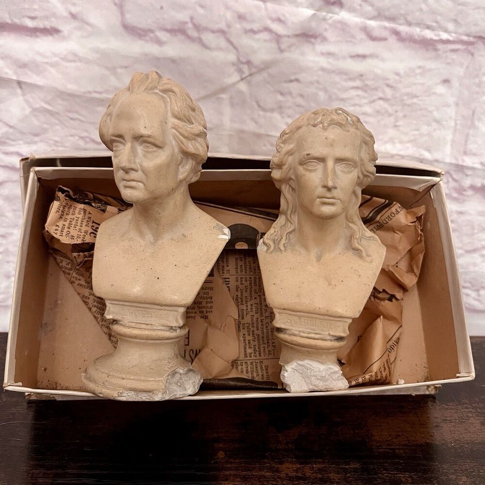Vintage Goethe & Schiele Bust Statues 6” Pair Plaster Sculptures Art